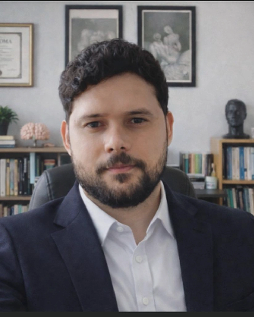 Retrato de Adailio Miguel, psicólogo clínico, em seu consultório